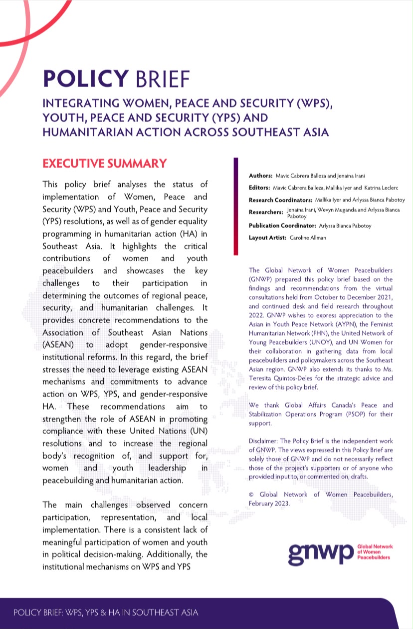 Integrating Women, Peace and Security (WPS), Youth, Peace and Security (YPS) and Humanitarian Action across South East Asia